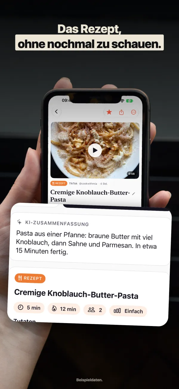 ReelSave App-Bildschirm: Rezepte ohne nochmal schauen