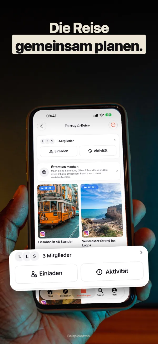 ReelSave App-Bildschirm: Sammlungen, gemeinsam