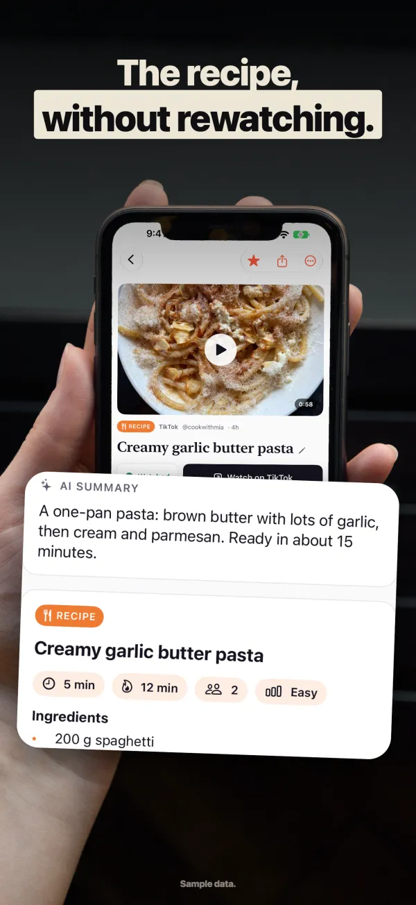 ReelSave app screen: Recipes without rewatching
